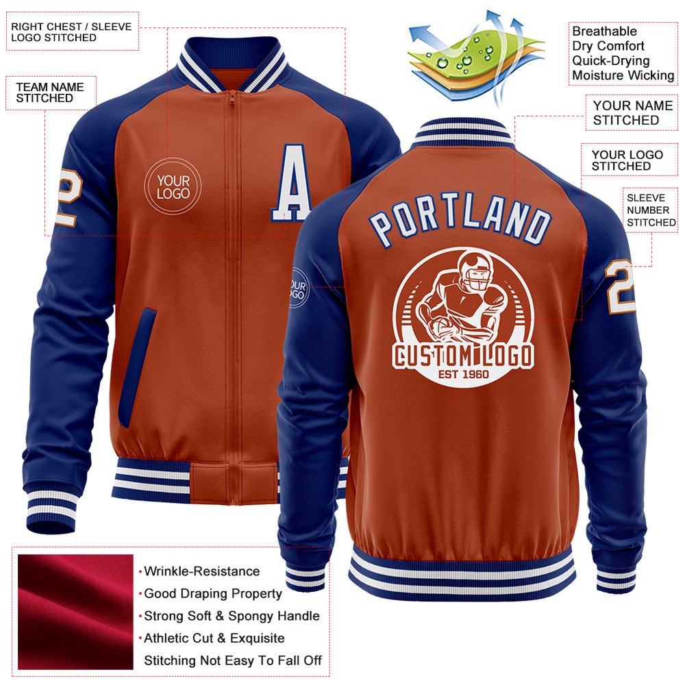 Custom Texas Orange White Royal Bomber Varsity Baseball Jacket, Custom Team Jacket