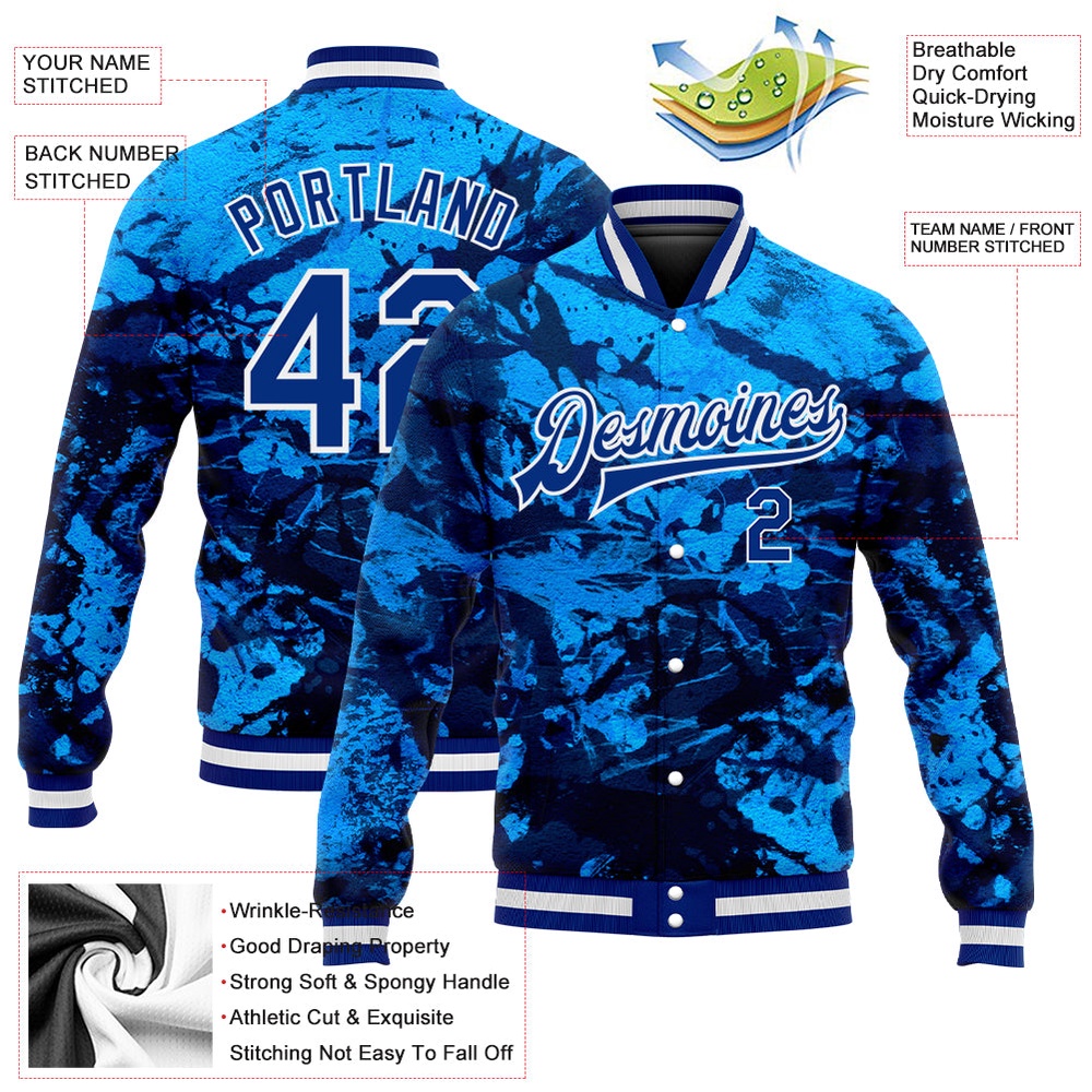 Custom Tie Dye Royal White Rainbow 3D Bomber Full Snap Baseball Jacket, Custom Team Jacket