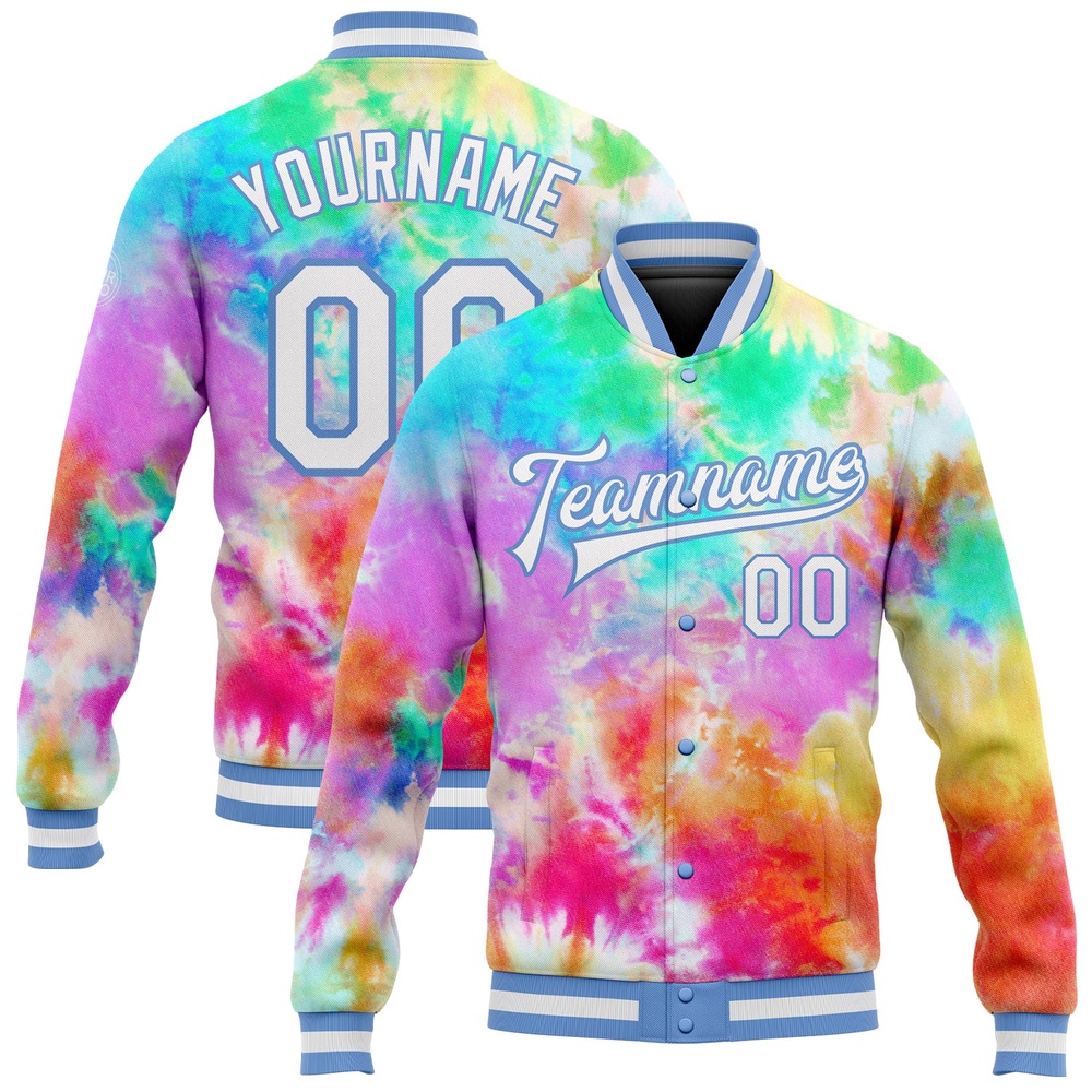 Custom Tie Dye White Light Blue Rainbow 3D Bomber Full Snap Baseball Jacket, Custom Team Jacket