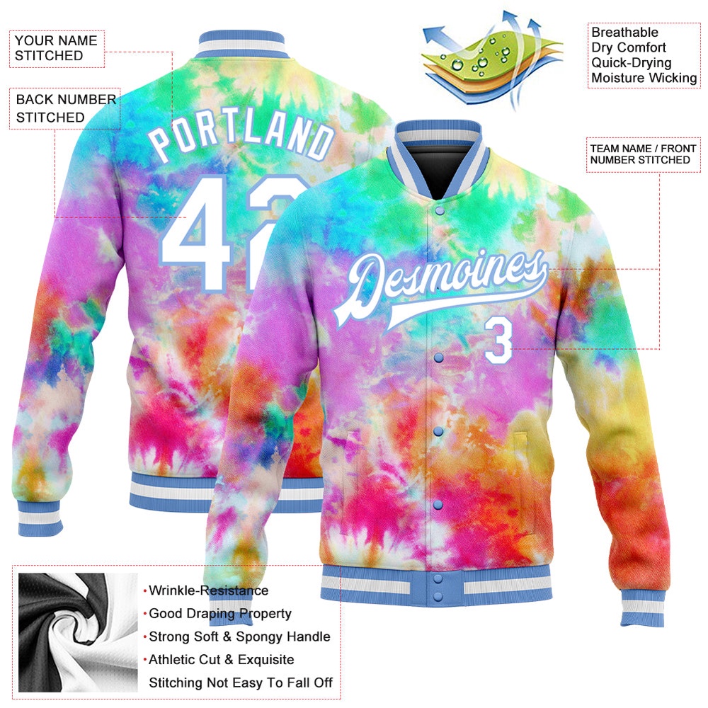 Custom Tie Dye White Light Blue Rainbow 3D Bomber Full Snap Baseball Jacket, Custom Team Jacket