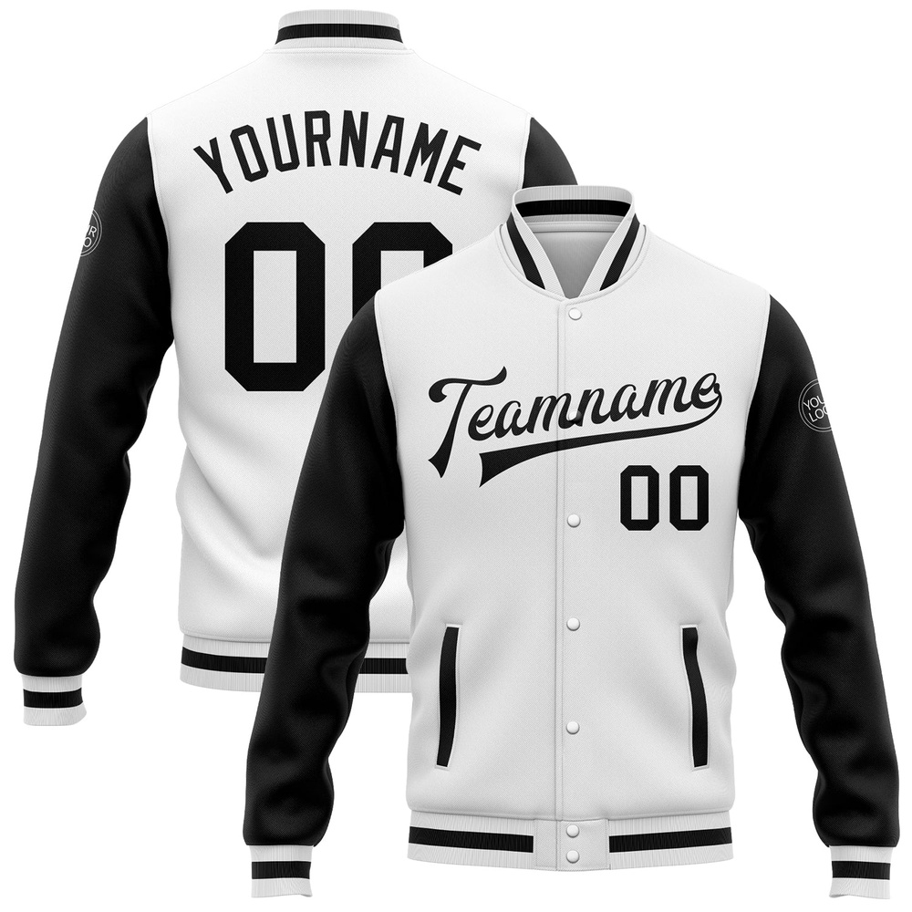 Custom White Black Bomber Full Snap Varsity Baseball Jacket, Custom Team Jacket