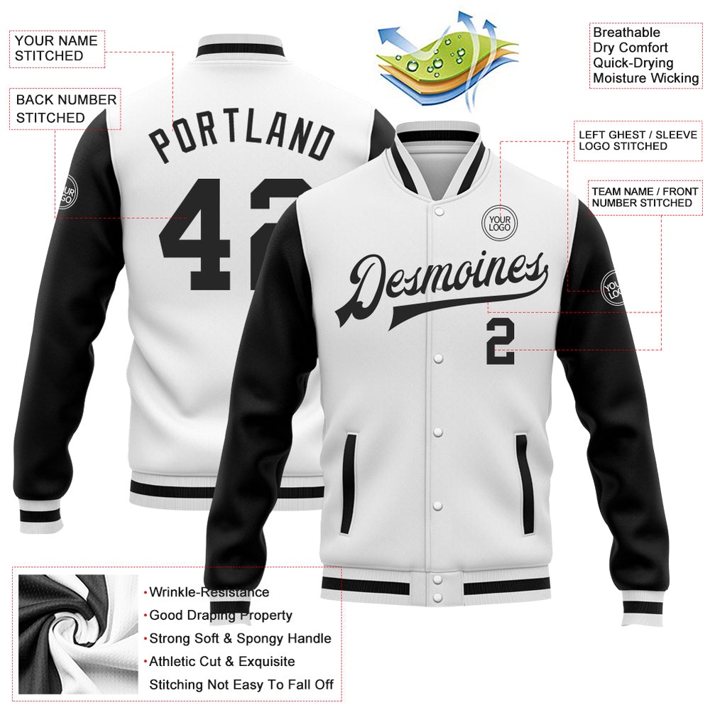 Custom White Black Bomber Full Snap Varsity Baseball Jacket, Custom Team Jacket