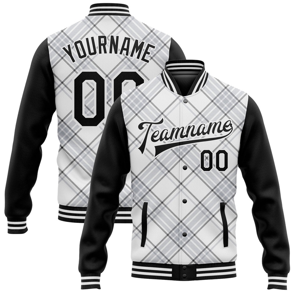 Custom White Black Check Board 3D Pattern Design Bomber Full Snap Baseball Jacket, Custom Team Jacket