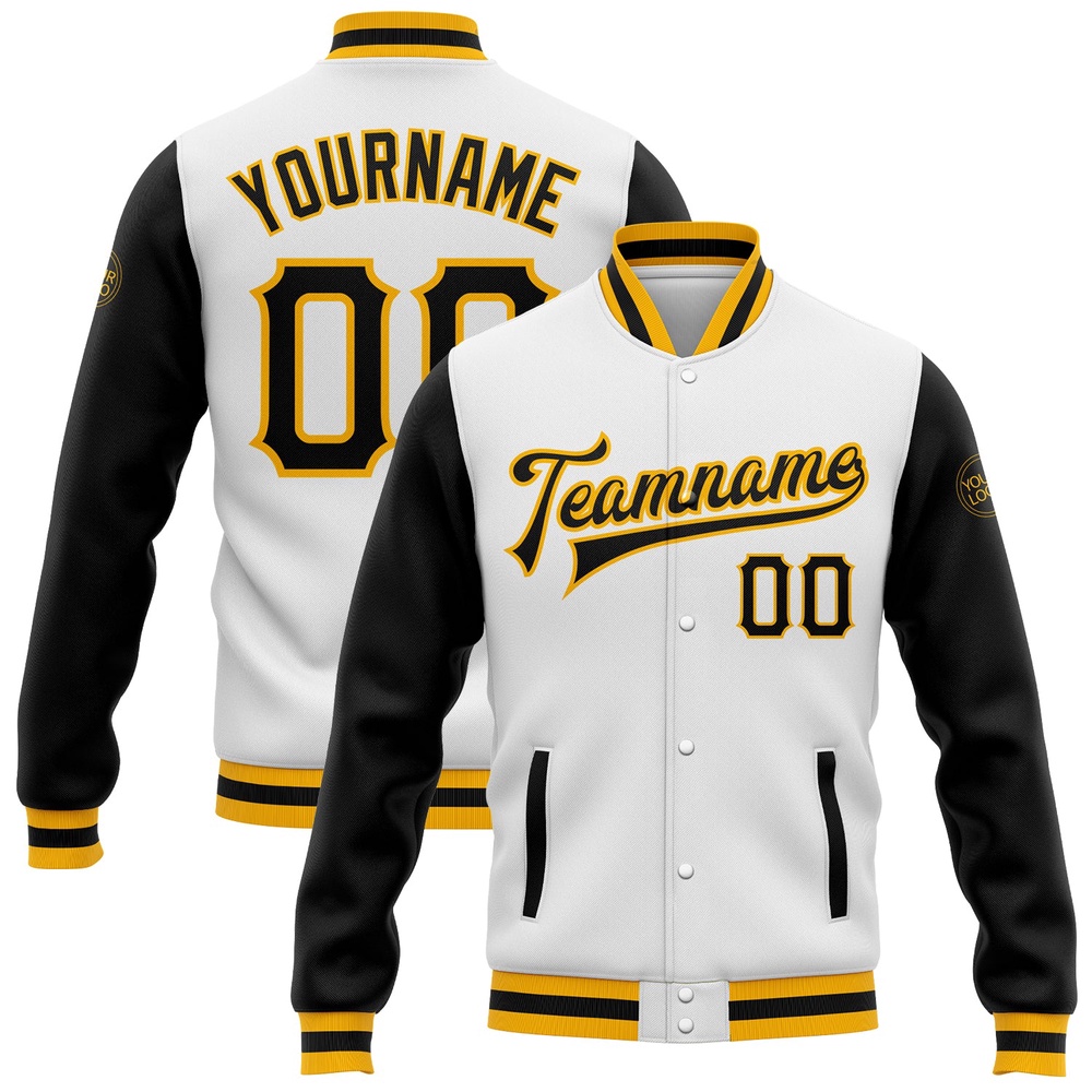 Custom White Black Gold Bomber Full Snap Varsity Baseball Jacket, Custom Team Jacket