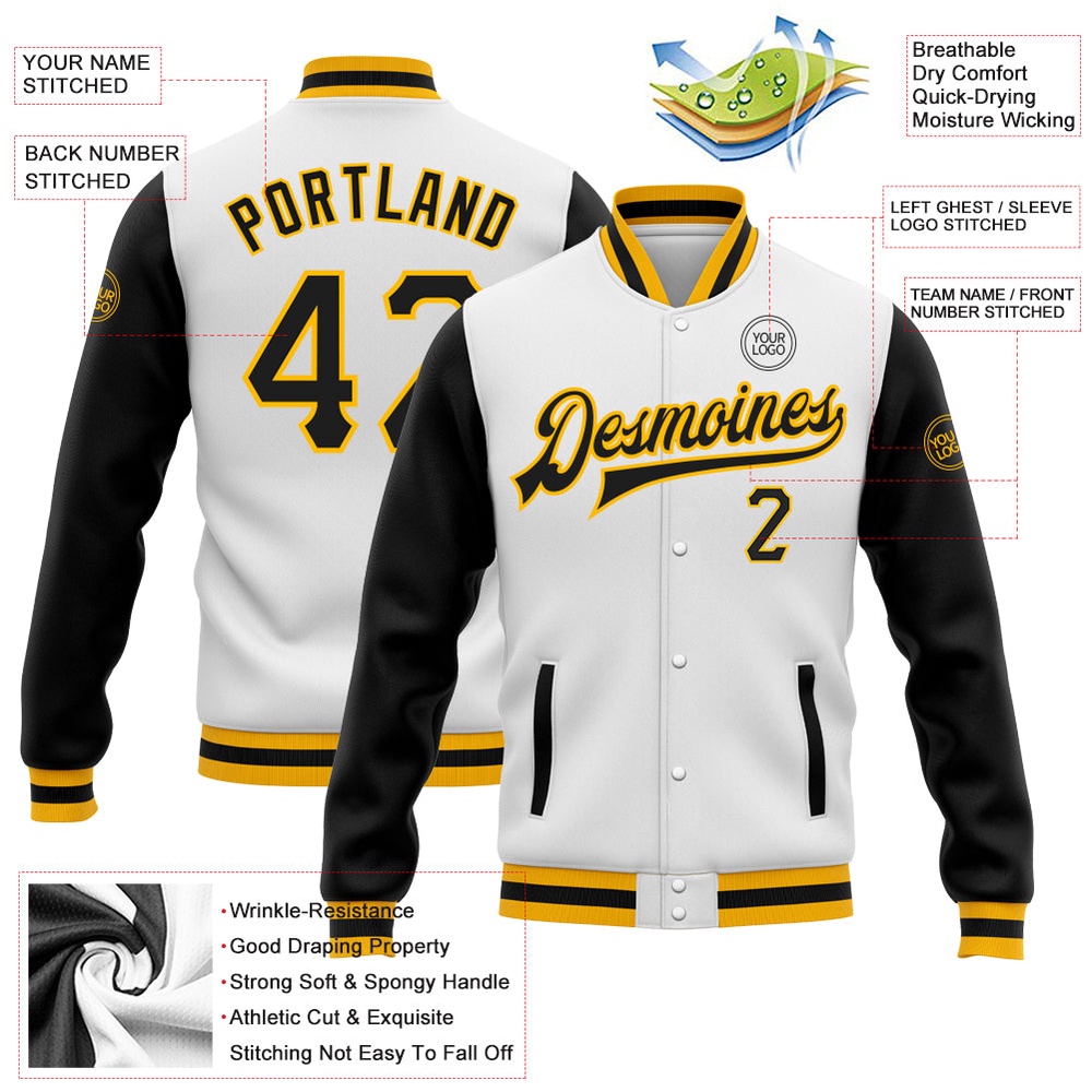 Custom White Black Gold Bomber Full Snap Varsity Baseball Jacket, Custom Team Jacket