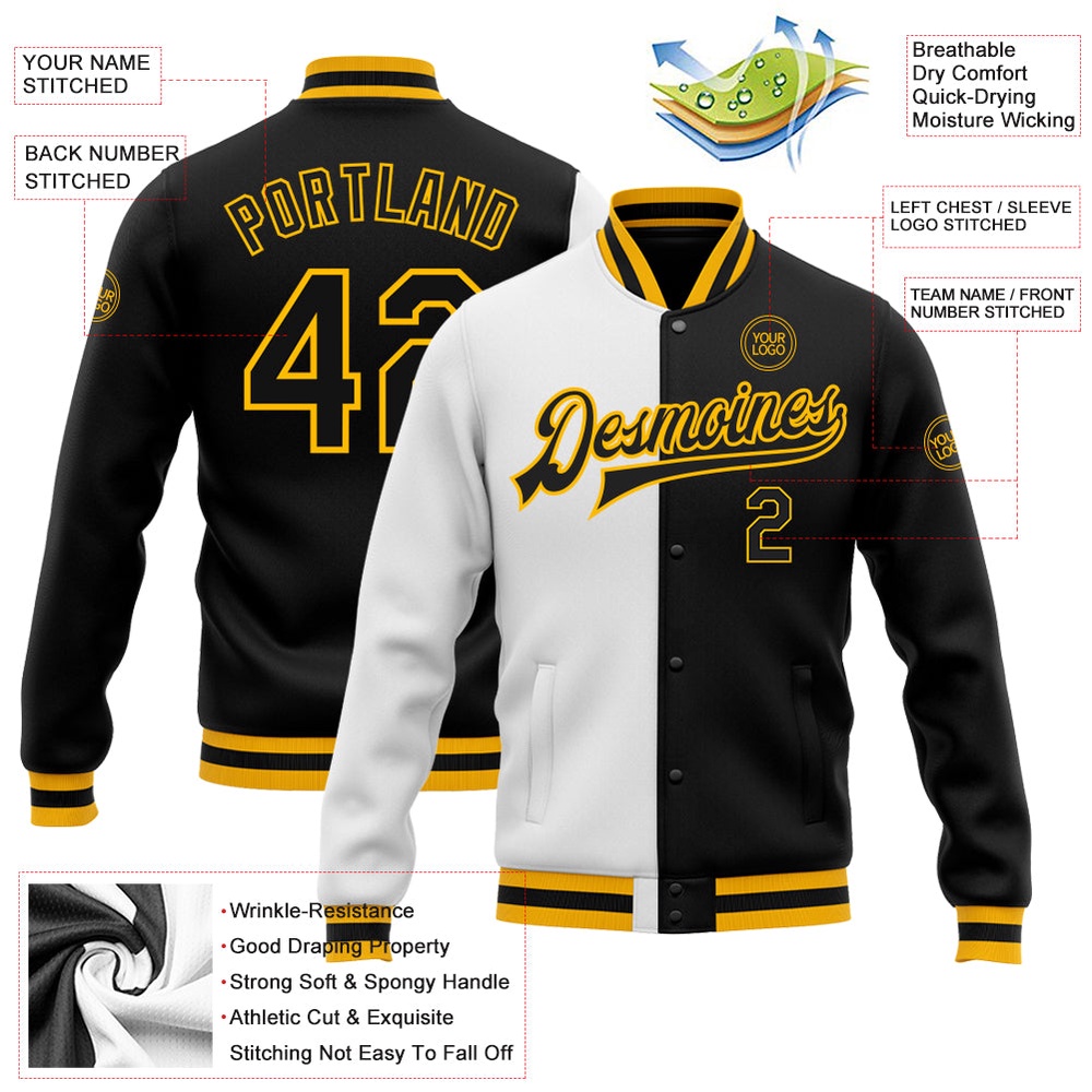 Custom White Black Gold Bomber Full Snap Varsity Letterman Split Fashion Jacket, Custom Team Jacket