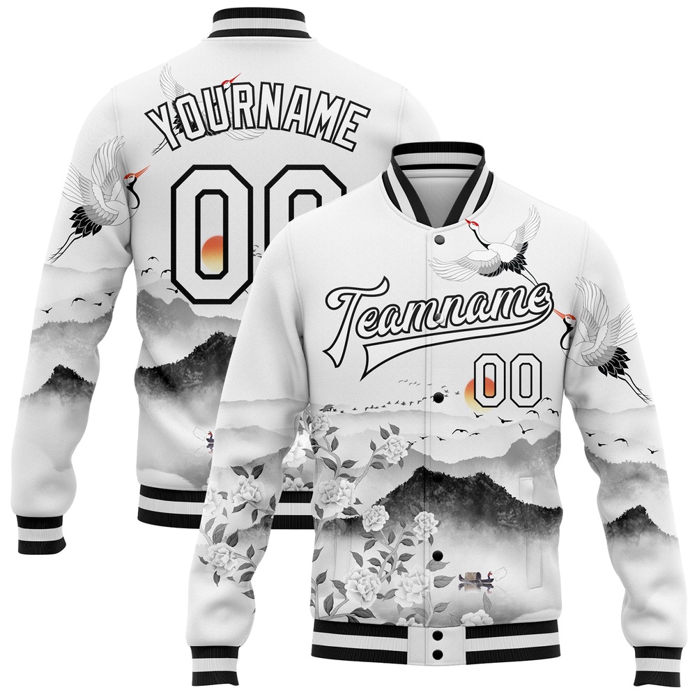 Custom White Black Heron And Flower 3D Pattern Design Bomber Full Snap Baseball Jacket, Custom Team Jacket