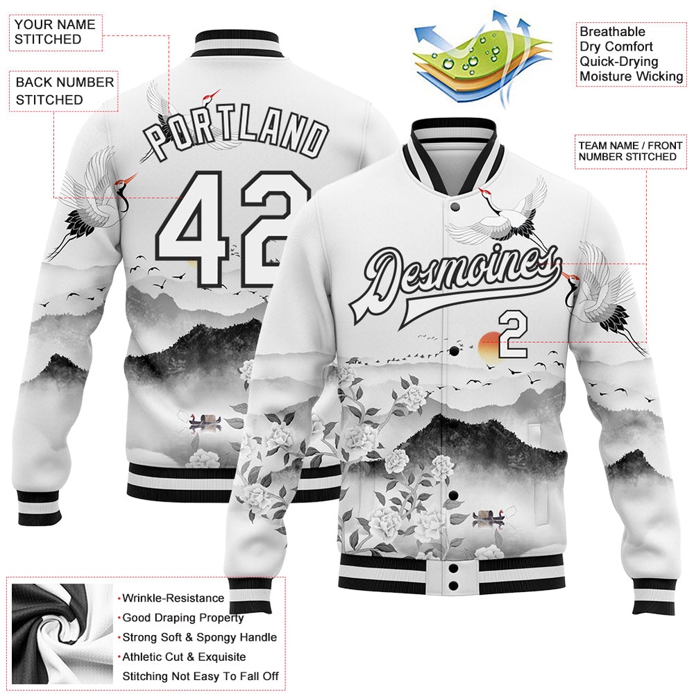 Custom White Black Heron And Flower 3D Pattern Design Bomber Full Snap Baseball Jacket, Custom Team Jacket