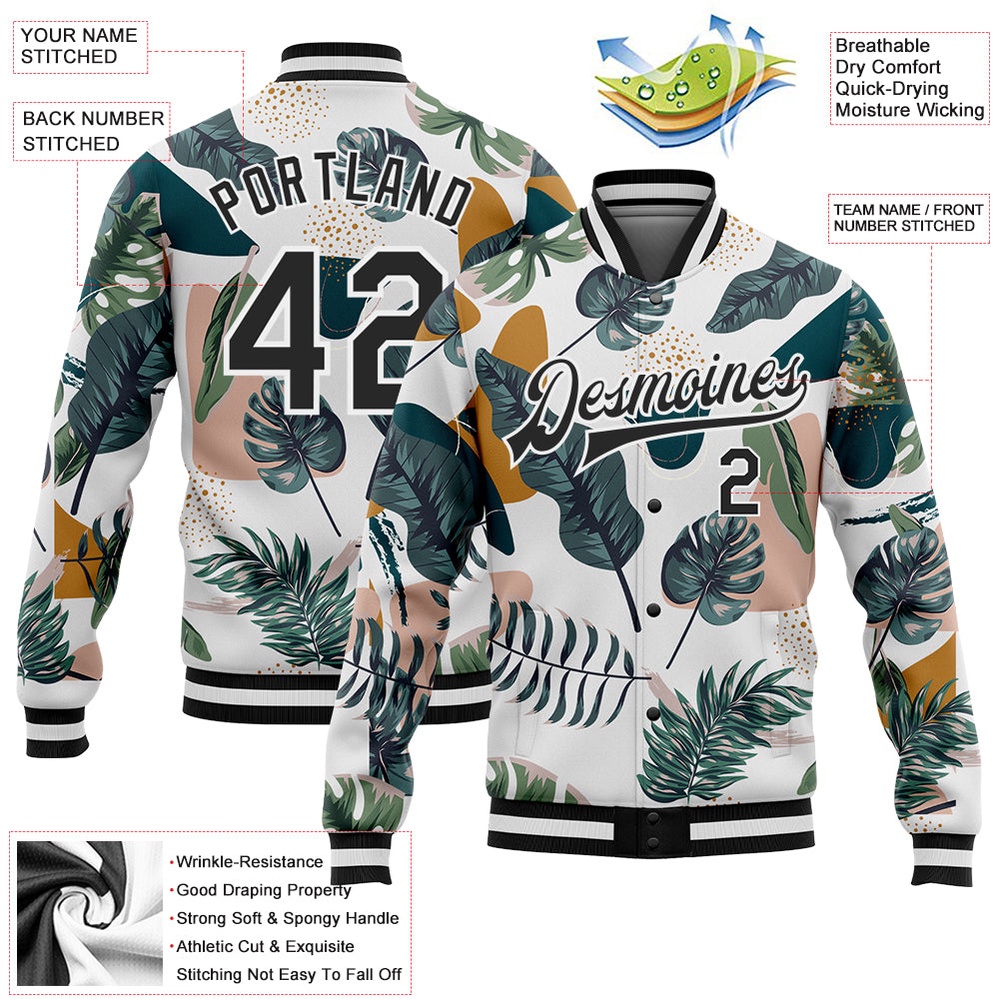 Custom White Black Leaves 3D Pattern Design Bomber Full Snap Baseball Jacket, Custom Team Jacket