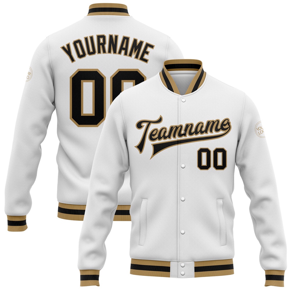 Custom White Black Old Gold Bomber Full Snap Baseball Jacket, Custom Team Jacket