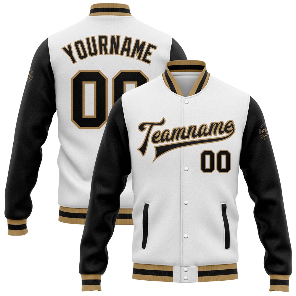 Custom White Black Old Gold Bomber Full Snap Varsity Baseball Jacket, Custom Team Jacket