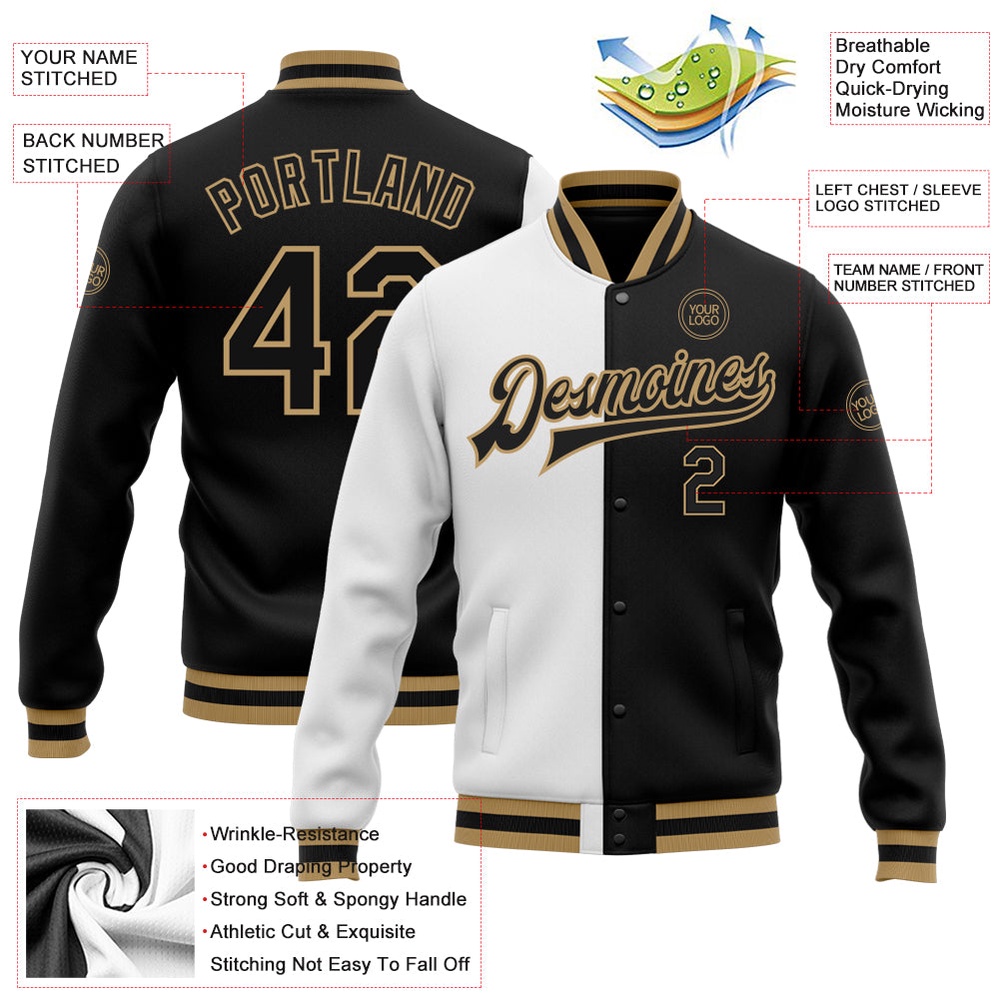 Custom White Black Old Gold Bomber Full Snap Varsity Letterman Split Fashion Jacket, Custom Team Jacket