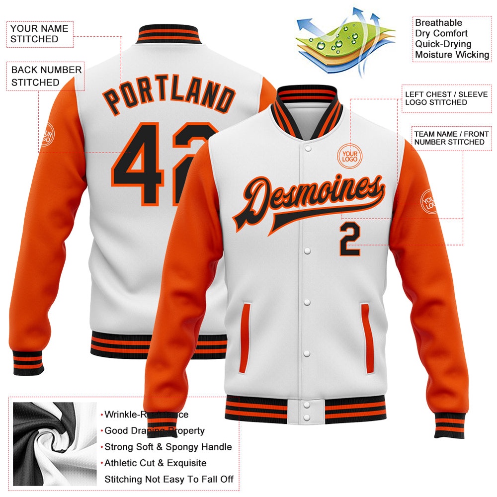 Custom White Black Orange Bomber Full Snap Varsity Baseball Jacket, Custom Team Jacket
