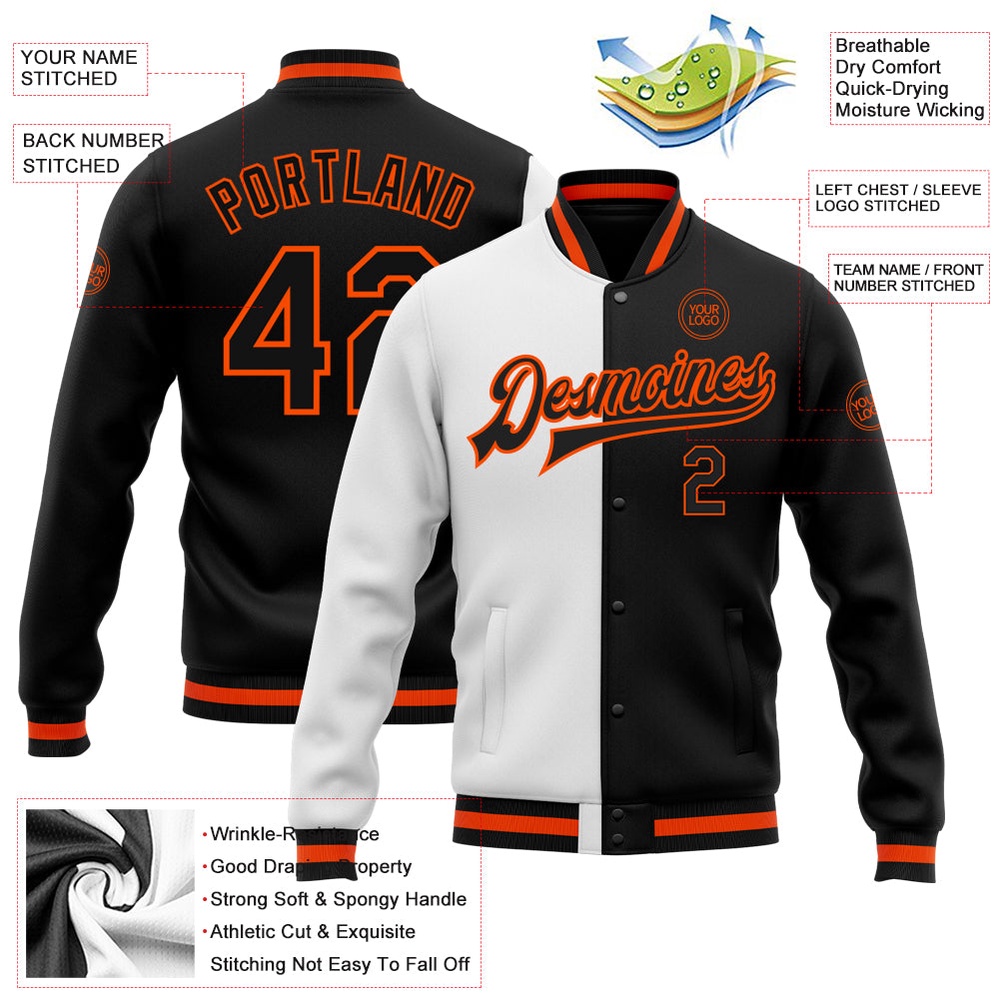 Custom White Black Orange Bomber Full Snap Varsity Letterman Split Fashion Jacket, Custom Team Jacket