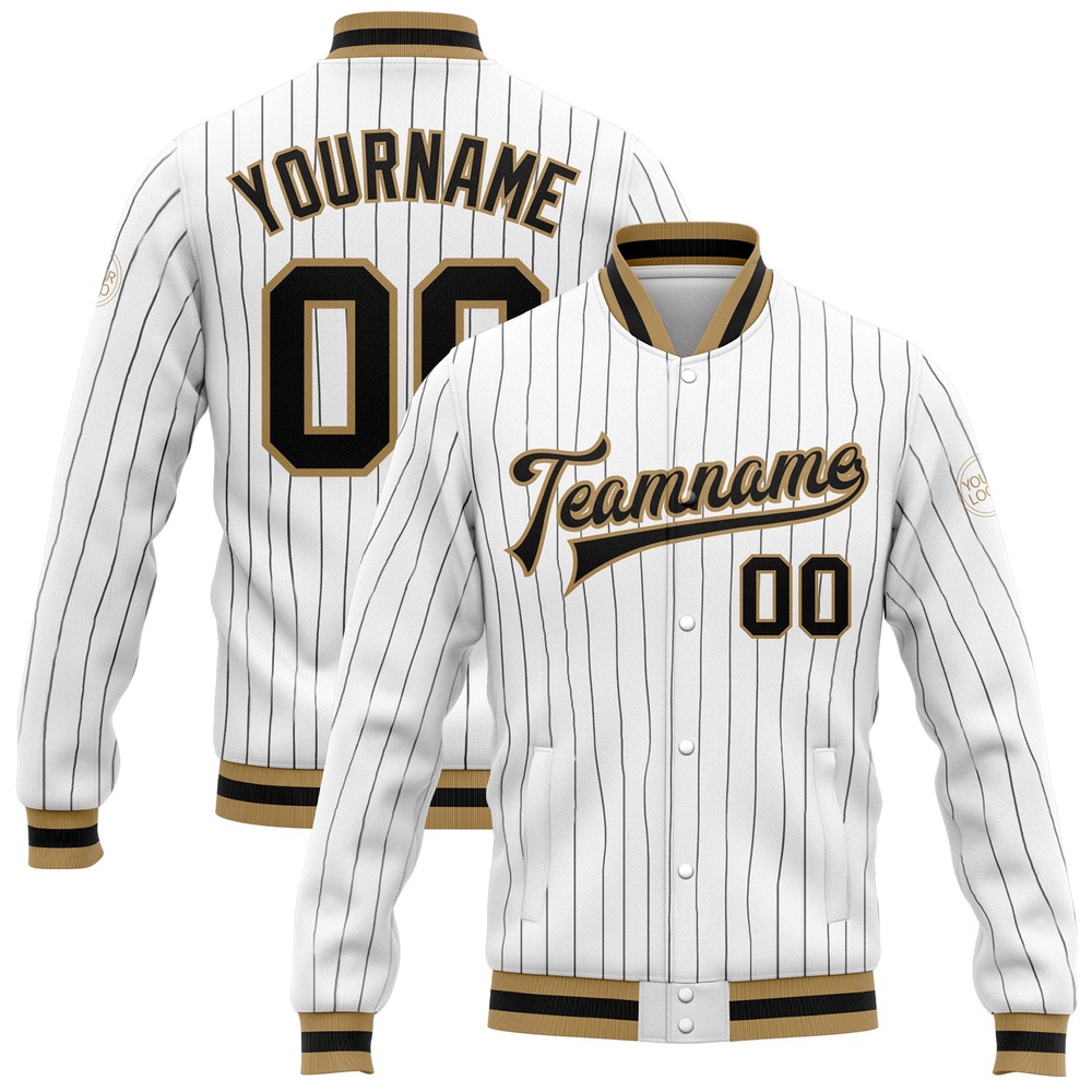 Custom White Black Pinstripe Black Old Gold Bomber Full Snap Baseball Jacket, Custom Team Jacket