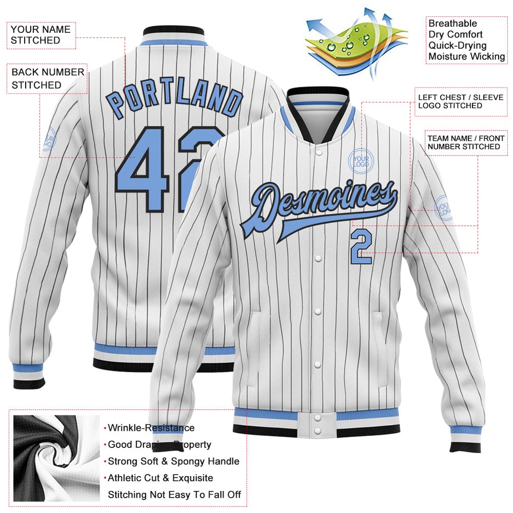 Custom White Black Pinstripe Light Blue Bomber Full Snap Baseball Jacket, Custom Team Jacket