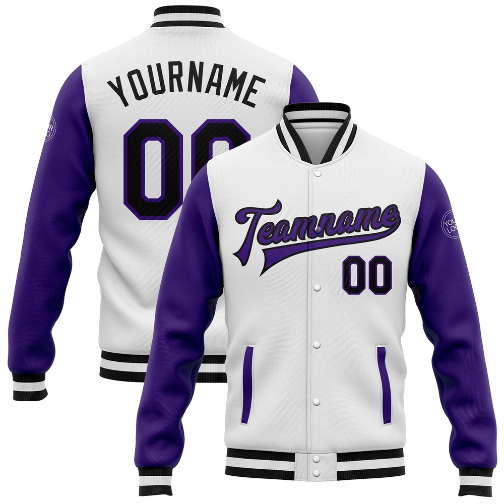 Custom White Black Purple Bomber Full Snap Varsity Baseball Jacket, Custom Team Jacket