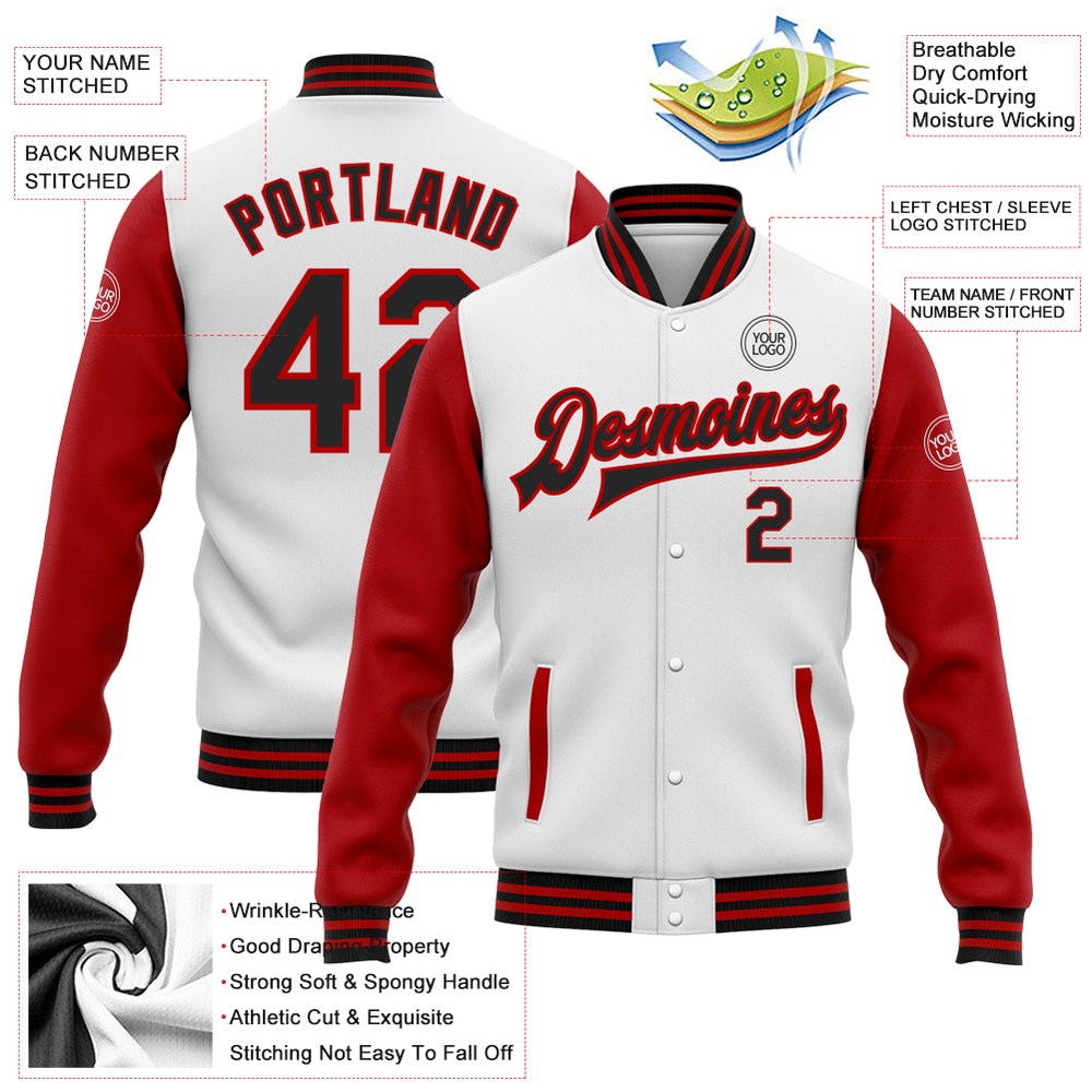 Custom White Black Red Bomber Full Snap Varsity Baseball Jacket, Custom Team Jacket
