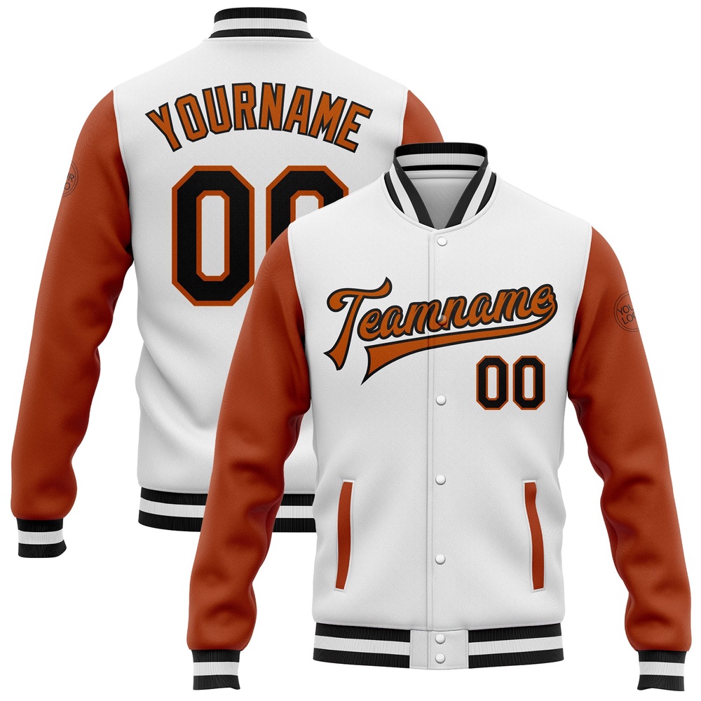 Custom White Black Texas Orange Bomber Full Snap Varsity Baseball Jacket, Custom Team Jacket