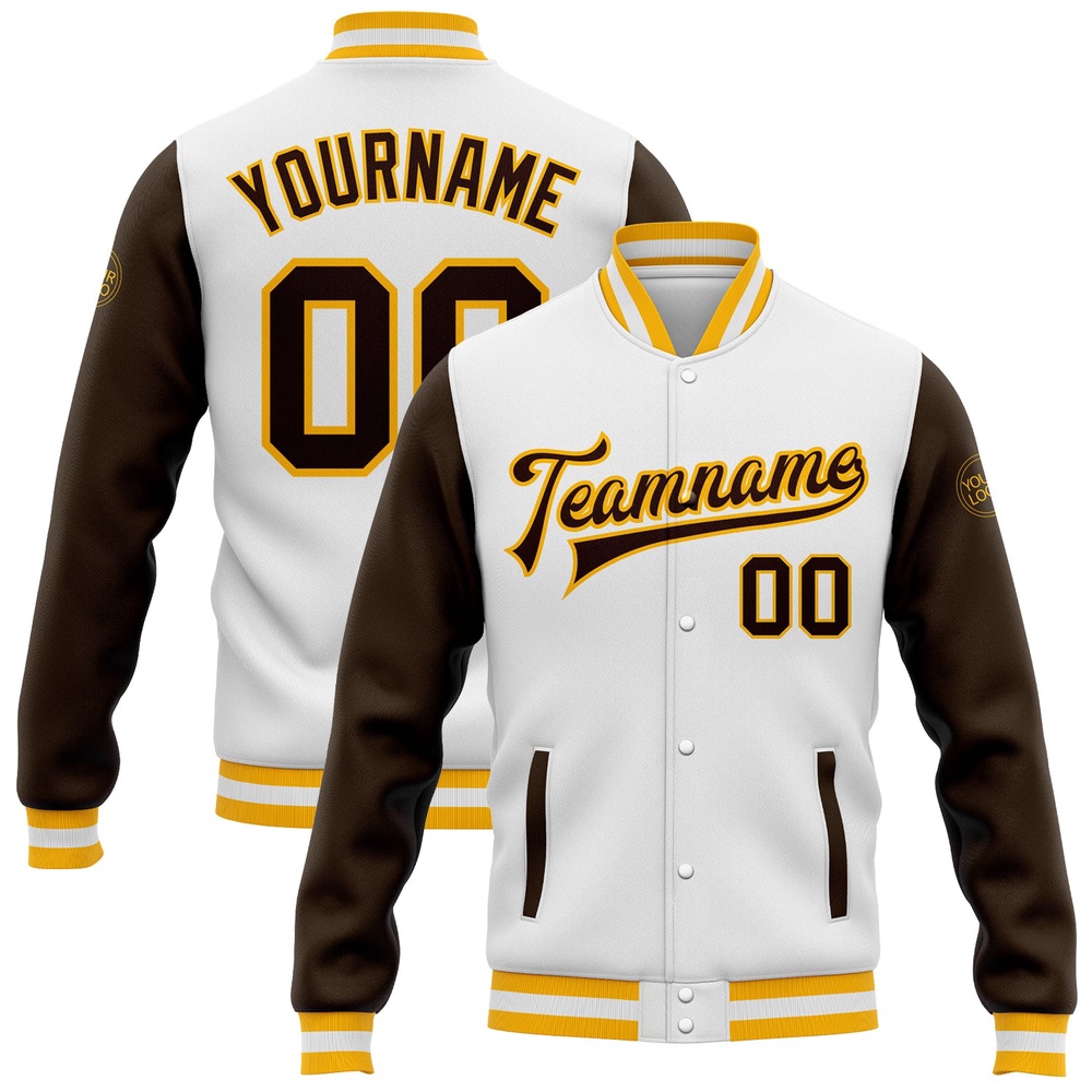 Custom White Brown Gold Bomber Full Snap Varsity Baseball Jacket, Custom Team Jacket
