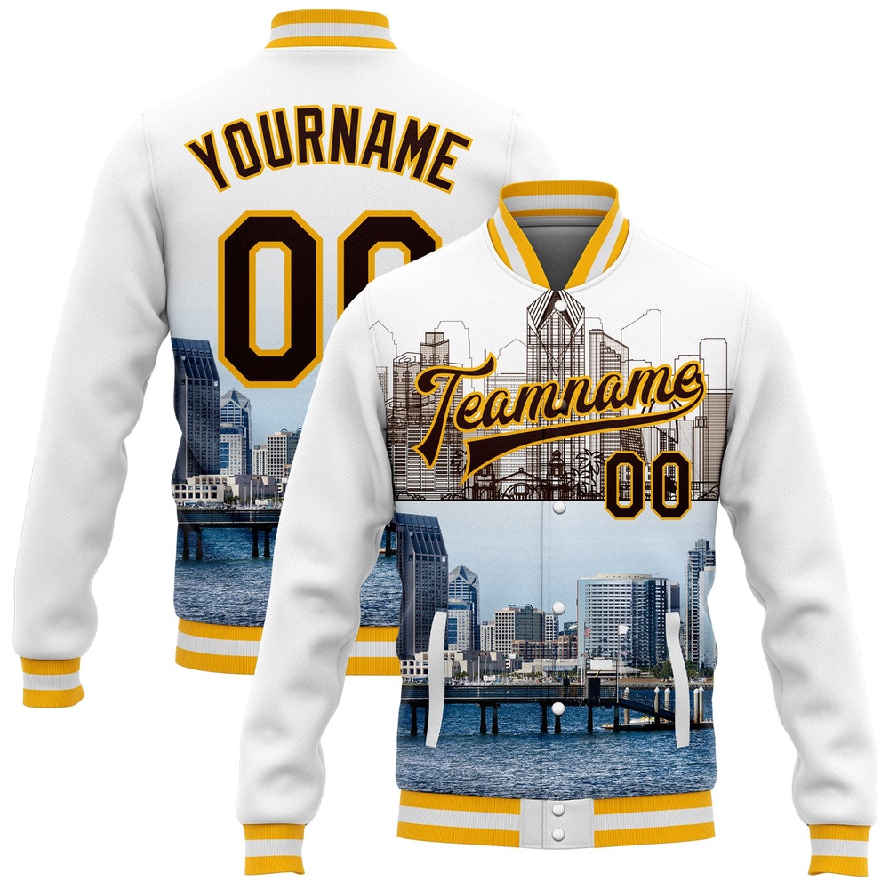 Custom White Brown Gold San Diego California City Edition 3D Bomber Full Snap Baseball Jacket, Custom Team Jacket