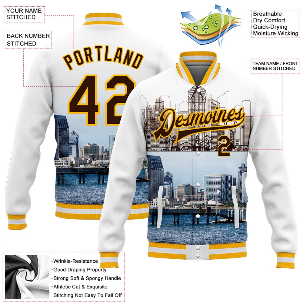 Custom White Brown Gold San Diego California City Edition 3D Bomber Full Snap Baseball Jacket, Custom Team Jacket