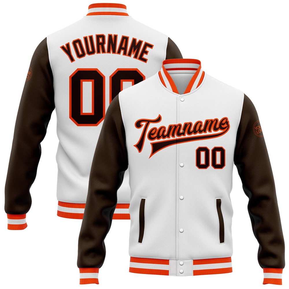 Custom White Brown Orange Bomber Full Snap Varsity Baseball Jacket, Custom Team Jacket