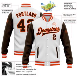 Custom White Brown Orange Bomber Full Snap Varsity Baseball Jacket Custom Team Jacket 2 urjqno.jpg