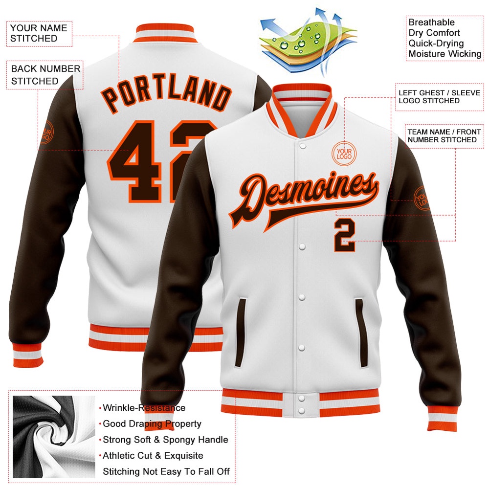 Custom White Brown Orange Bomber Full Snap Varsity Baseball Jacket, Custom Team Jacket
