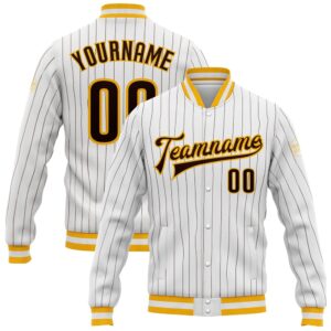 Custom White Brown Pinstripe Brown Gold Bomber&hellip;