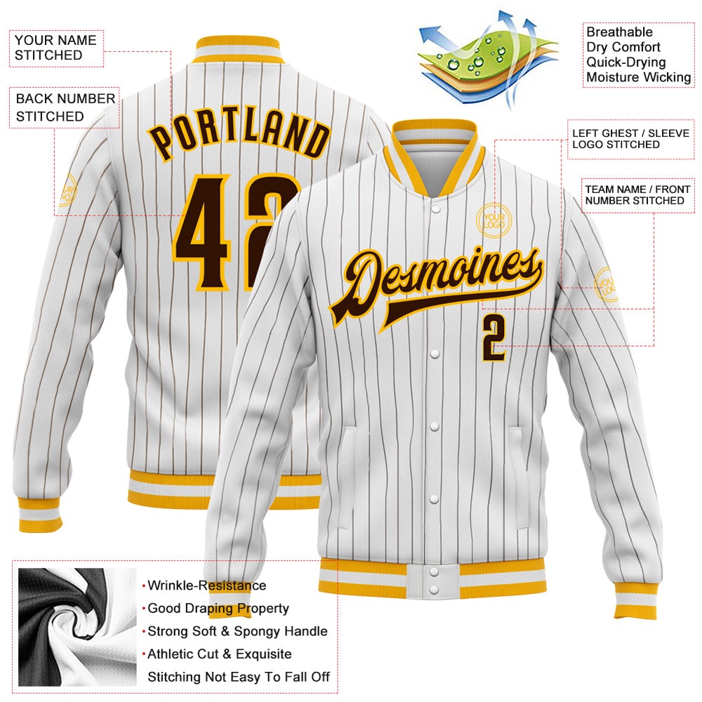 Custom White Brown Pinstripe Brown Gold Bomber Full Snap Baseball Jacket, Custom Team Jacket