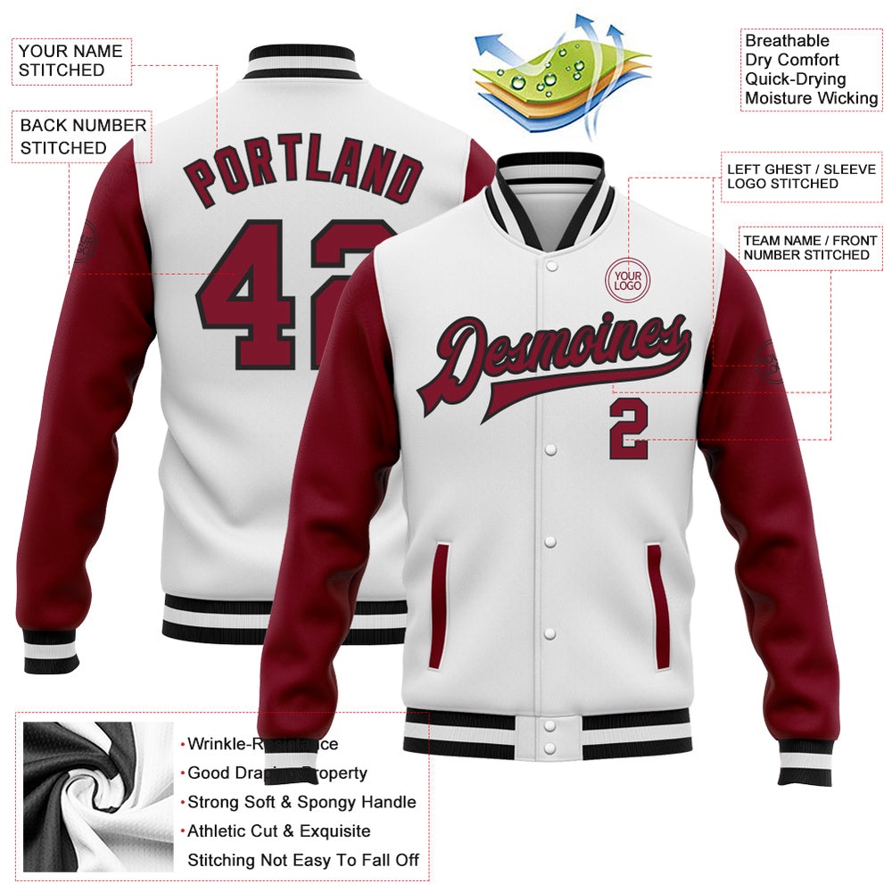 Custom White Crimson Black Bomber Full Snap Varsity Baseball Jacket, Custom Team Jacket