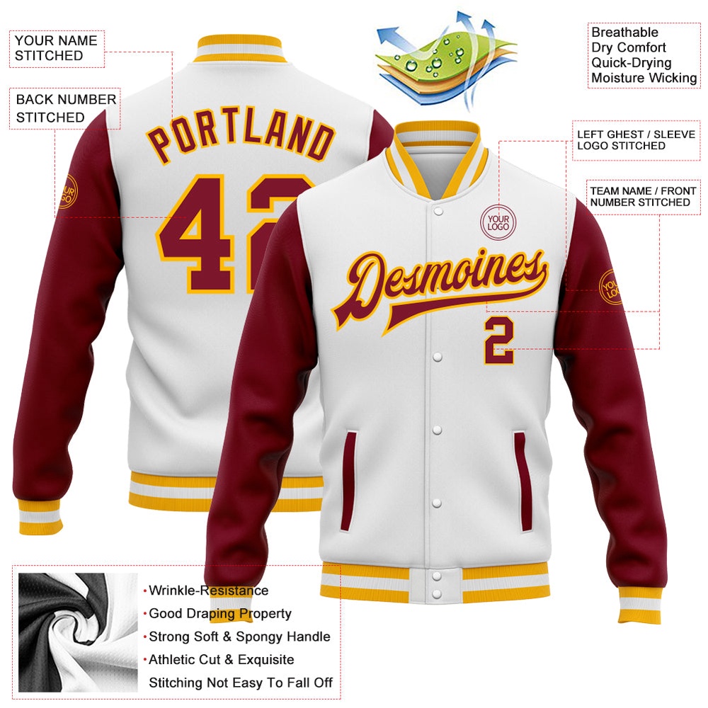Custom White Crimson Gold Bomber Full Snap Varsity Baseball Jacket, Custom Team Jacket