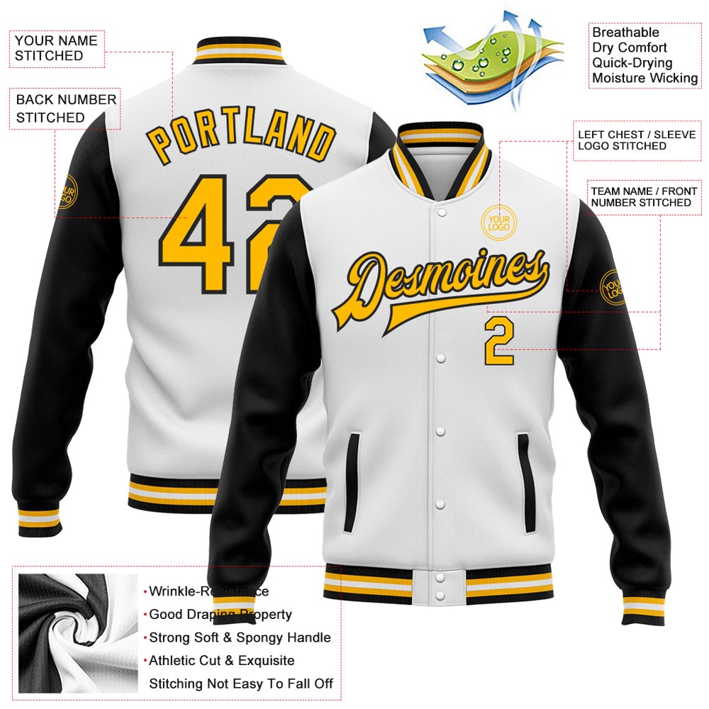 Custom White Gold Black Bomber Full Snap Varsity Baseball Jacket, Custom Team Jacket