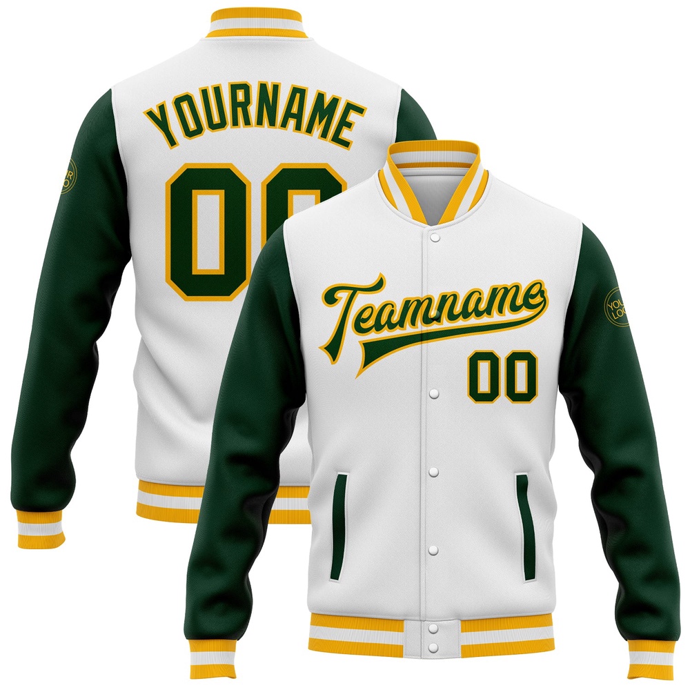 Custom White Green Gold Bomber Full Snap Varsity Baseball Jacket, Custom Team Jacket