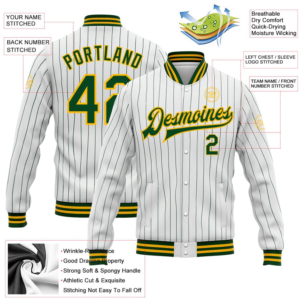 Custom White Green Pinstripe Gold Bomber Full Snap Baseball Jacket, Custom Team Jacket