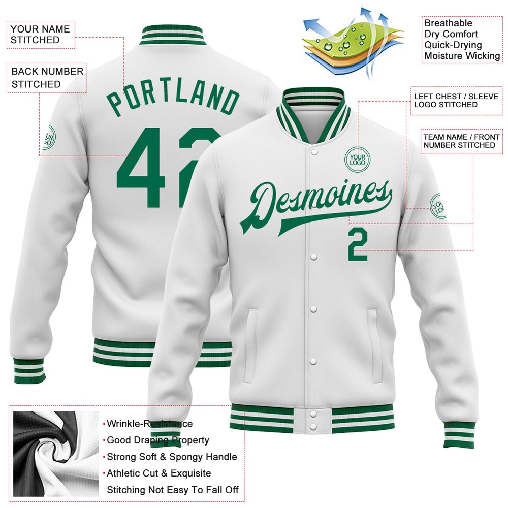 Custom White Kelly Green Bomber Full Snap Baseball Jacket, Custom Team Jacket