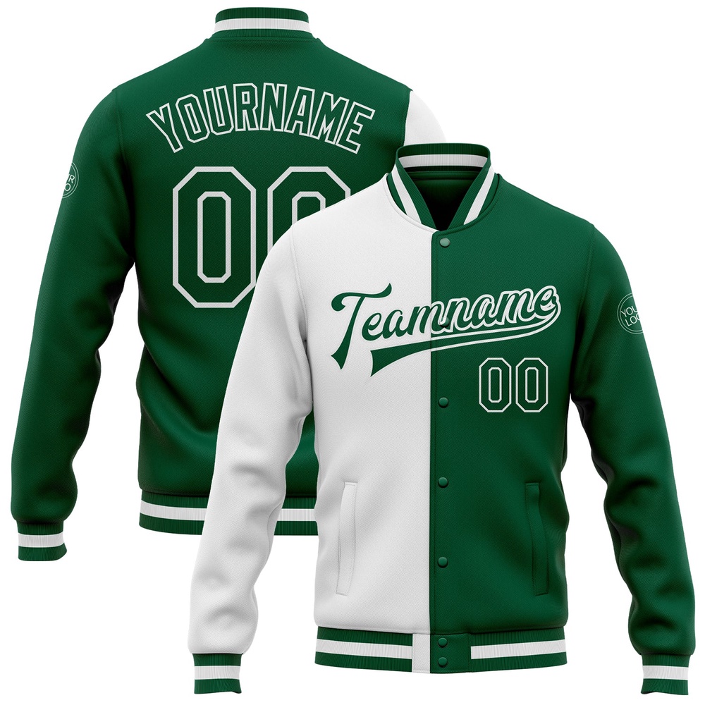 Custom White Kelly Green Bomber Full Snap Varsity Letterman Split Fashion Jacket, Custom Team Jacket