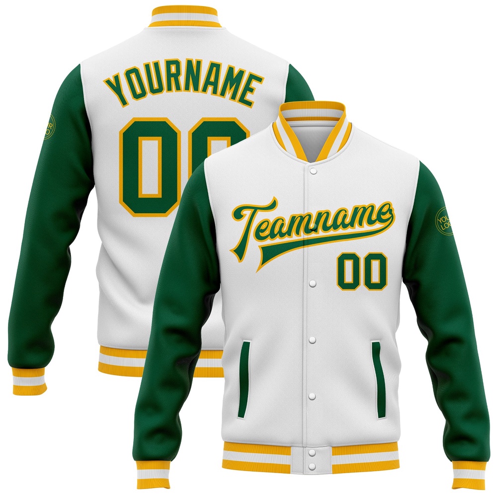 Custom White Kelly Green Gold Bomber Full Snap Varsity Baseball Jacket, Custom Team Jacket