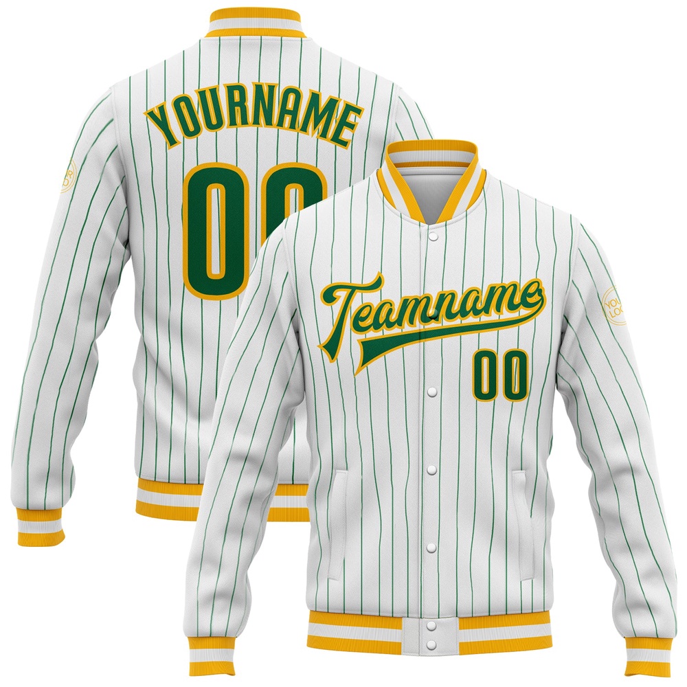 Custom White Kelly Green Pinstripe Kelly Green Gold Bomber Full Snap Baseball Jacket, Custom Team Jacket