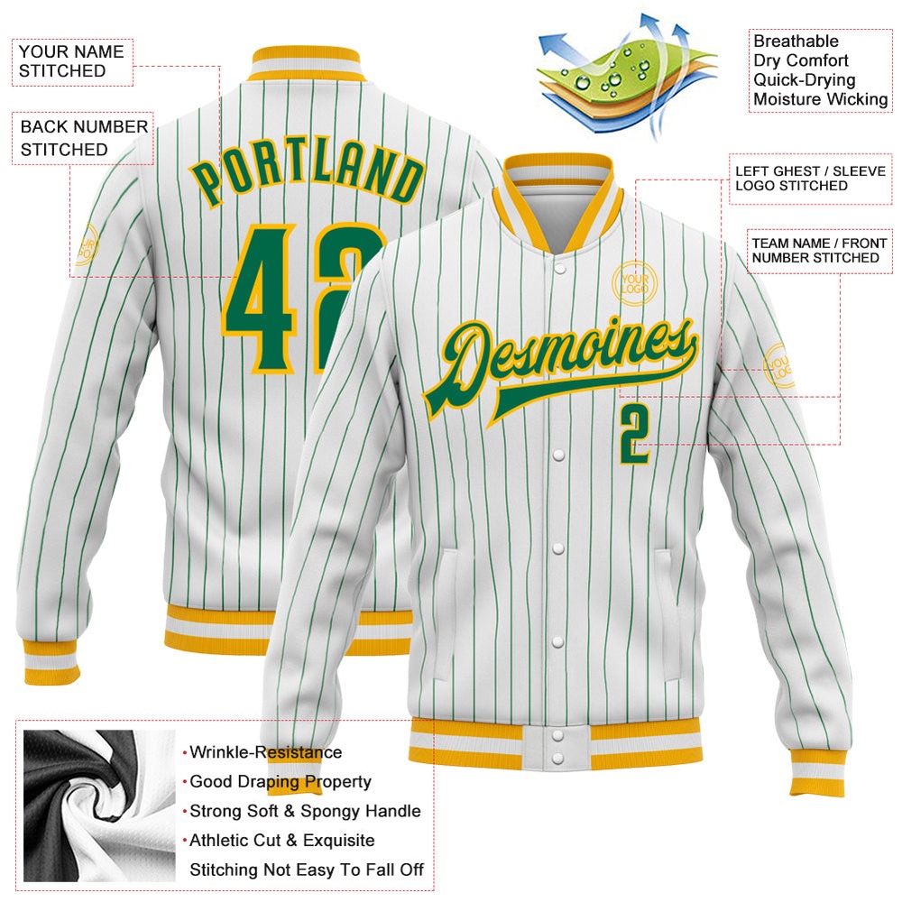 Custom White Kelly Green Pinstripe Kelly Green Gold Bomber Full Snap Baseball Jacket, Custom Team Jacket