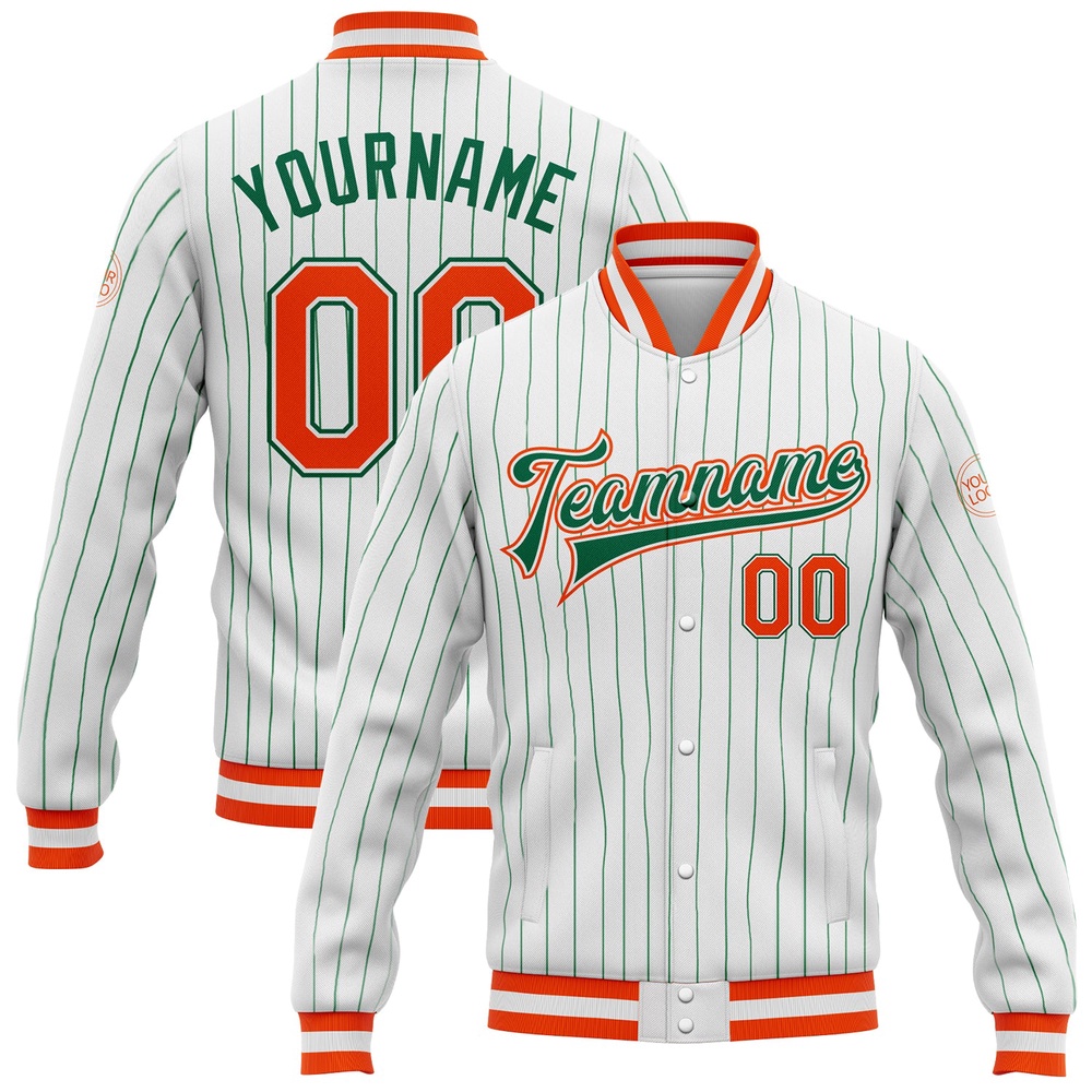 Custom White Kelly Green Pinstripe Orange Kelly Green Bomber Full Snap Baseball Jacket, Custom Team Jacket