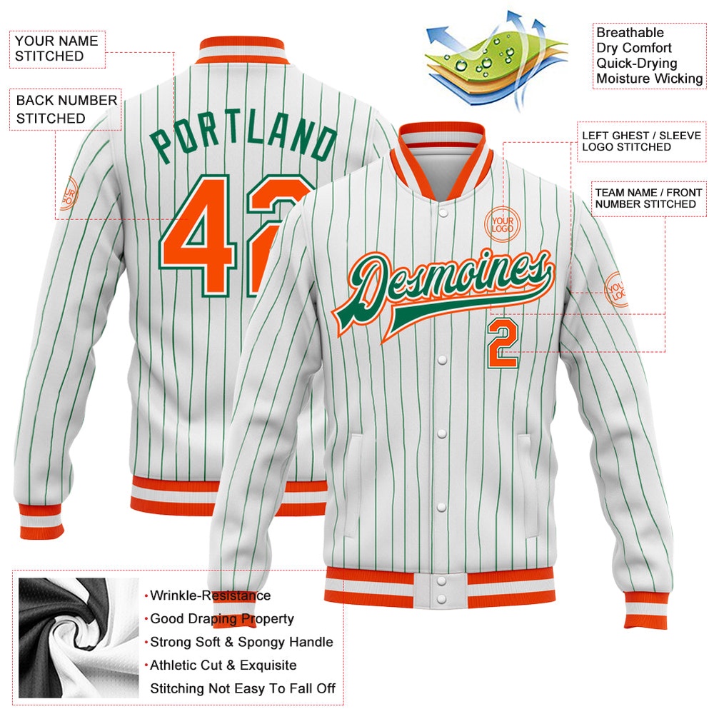 Custom White Kelly Green Pinstripe Orange Kelly Green Bomber Full Snap Baseball Jacket, Custom Team Jacket
