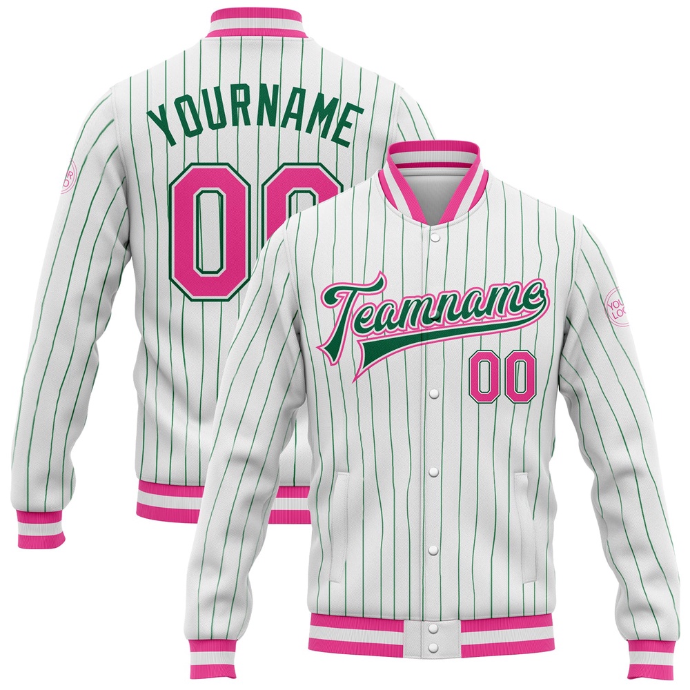 Custom White Kelly Green Pinstripe Pink Kelly Green Bomber Full Snap Baseball Jacket, Custom Team Jacket