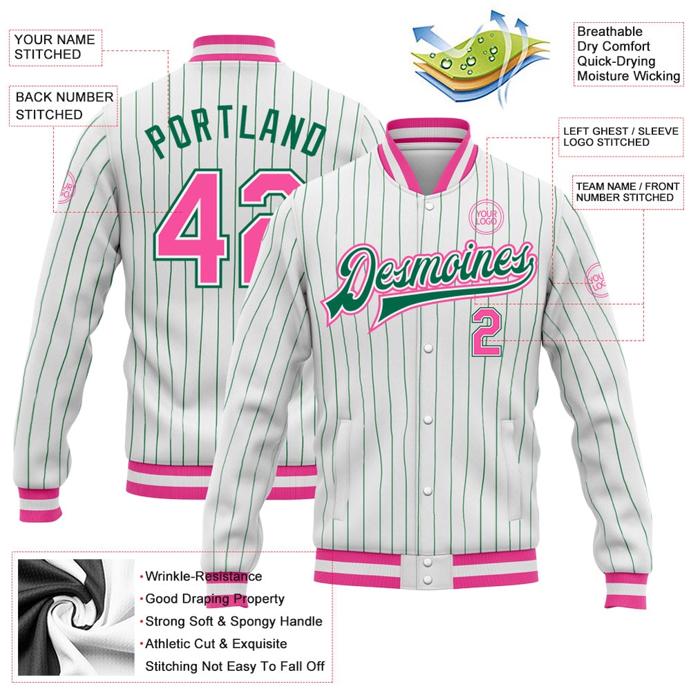 Custom White Kelly Green Pinstripe Pink Kelly Green Bomber Full Snap Baseball Jacket, Custom Team Jacket