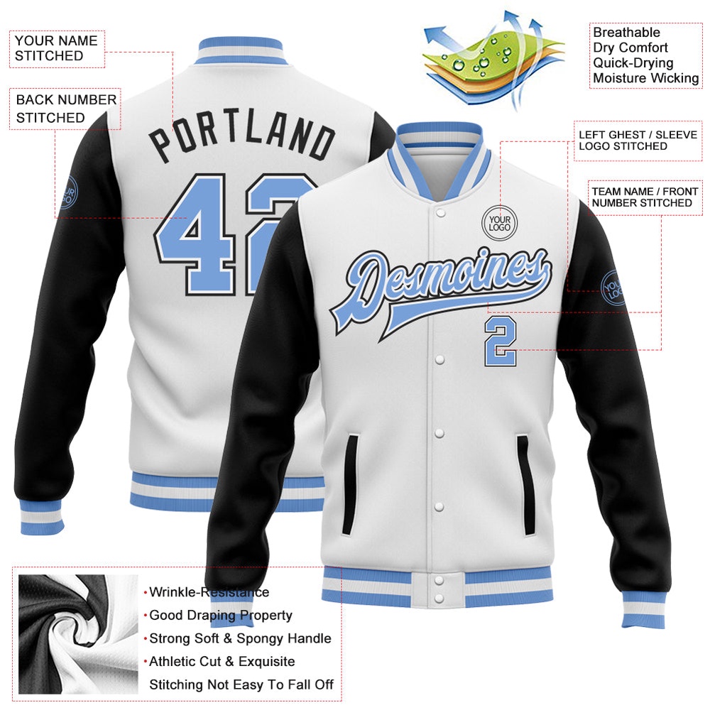 Custom White Light Blue Black Bomber Full Snap Varsity Baseball Jacket, Custom Team Jacket