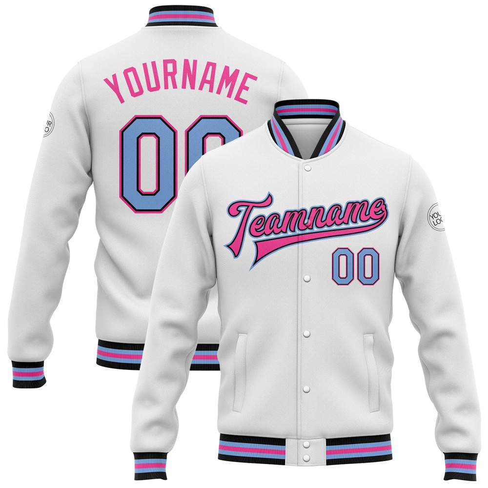 Custom White Light Blue Black Pink Bomber Full Snap Baseball Jacket, Custom Team Jacket