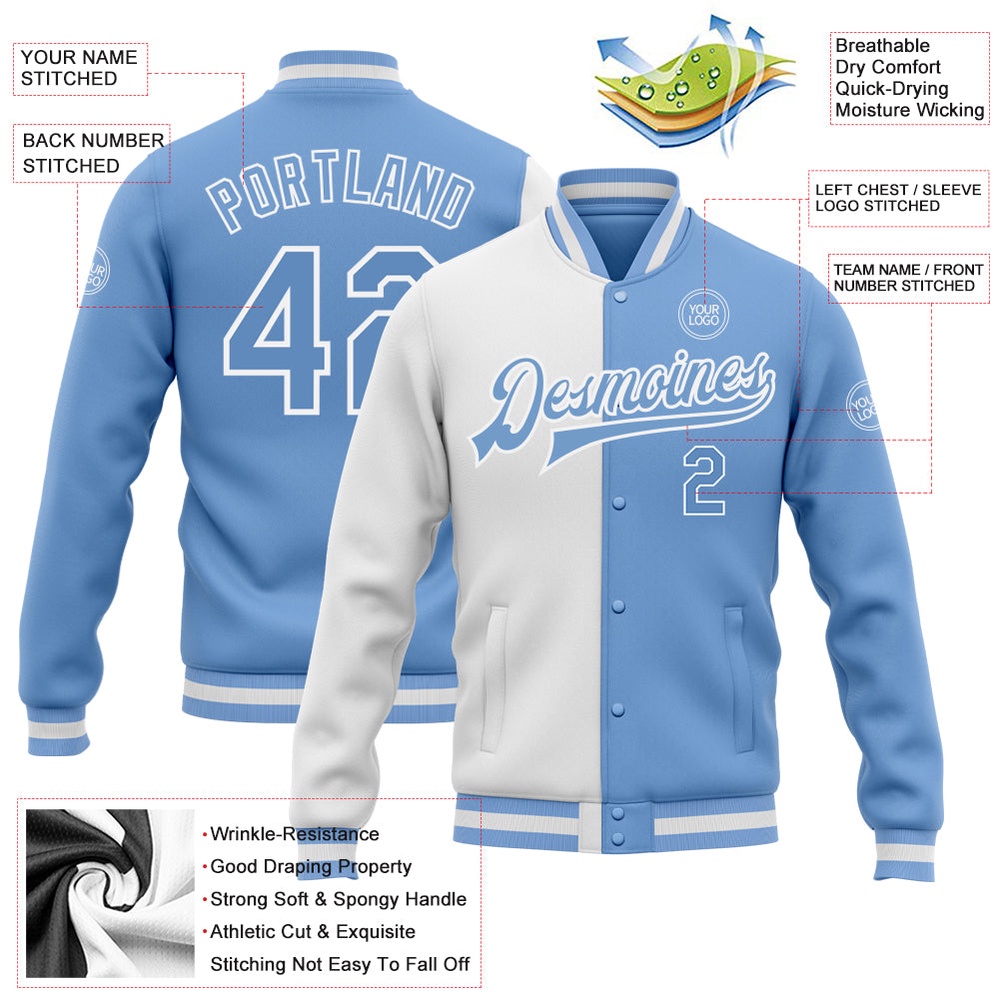 Custom White Light Blue Bomber Full Snap Varsity Letterman Split Fashion Jacket, Custom Team Jacket