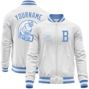 Custom White Light Blue Bomber Varsity Baseball&hellip;