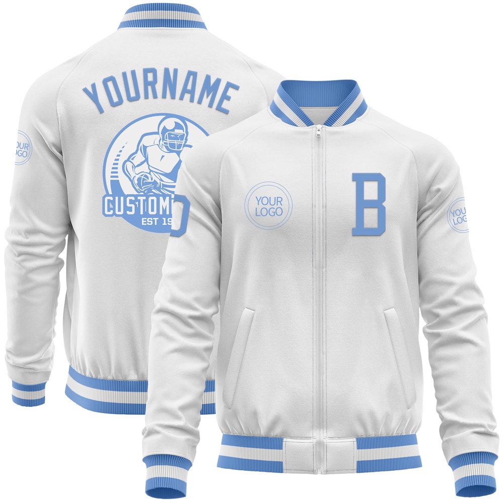 Custom White Light Blue Bomber Varsity Baseball Jacket, Custom Team Jacket